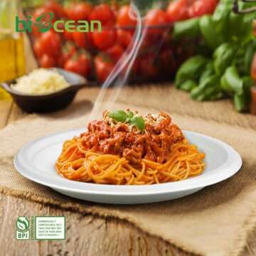 biocean 10 Inch Compostable Plates White [125 Pack] - Heavy Duty Compostable Paper Plates, Disposable Eco-Friendly Sugarcane Bagasse Plates for Dinner, Party, and Weddings (Round)