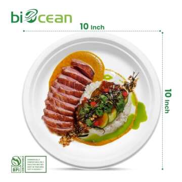 biocean 10 Inch Compostable Plates White [125 Pack] - Heavy Duty Compostable Paper Plates, Disposable Eco-Friendly Sugarcane Bagasse Plates for Dinner, Party, and Weddings (Round)