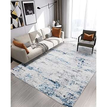 Area Rug Living Room Rugs: 5x7 Large Soft Indoor Carpet Modern Abstract Rug with Non Slip Rubber Backing for Under Dining Table Nursery Home Office Bedroom White Gray Blue
