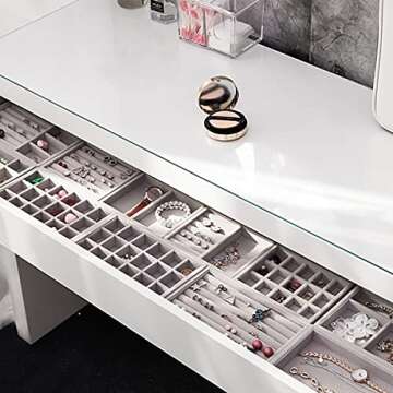 CLEACE Stackable Velvet Jewelry Trays Organizer, Jewelry Storage Display Trays for Drawer, Earring Necklace Bracelet Ring Organizer, 3 Pack