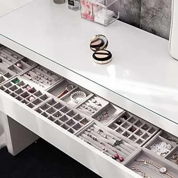 CLEACE Stackable Velvet Jewelry Trays Organizer, Jewelry Storage Display Trays for Drawer, Earring Necklace Bracelet Ring Organizer, 3 Pack