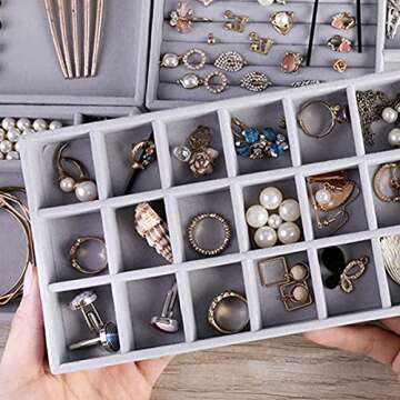 CLEACE Stackable Velvet Jewelry Trays Organizer, Jewelry Storage Display Trays for Drawer, Earring Necklace Bracelet Ring Organizer, 3 Pack