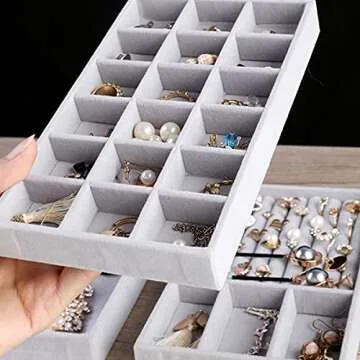 CLEACE Stackable Velvet Jewelry Trays Organizer, Jewelry Storage Display Trays for Drawer, Earring Necklace Bracelet Ring Organizer, 3 Pack
