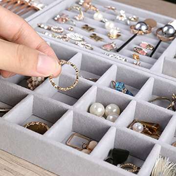 CLEACE Stackable Velvet Jewelry Trays Organizer, Jewelry Storage Display Trays for Drawer, Earring Necklace Bracelet Ring Organizer, 3 Pack