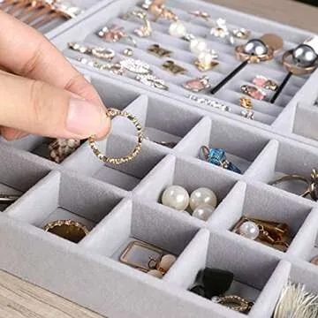 CLEACE Stackable Velvet Jewelry Trays Organizer, Jewelry Storage Display Trays for Drawer, Earring Necklace Bracelet Ring Organizer, 3 Pack