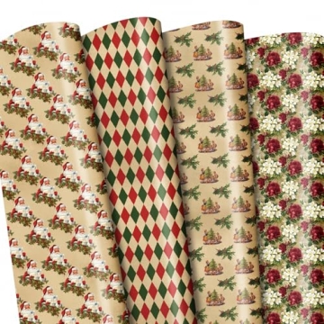 FIEHALA 12 Pcs Brown Christmas Wrapping Paper Vintage Gift Wrap with Santa Plaid Floral Folded Flat ...