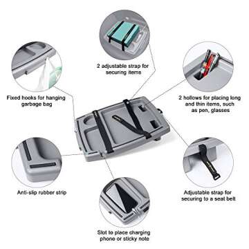 SEVEN SPARTA Food & Drink Tray for Car with 5 Compartments Organizer, Hooks, Anti-Slip Silicone Strip & Straps Passenger Seat Food Tray for Car