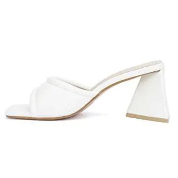Olivia Miller Women’s Fashion Ladies Shoes, White PU Vegan Leather Trendy Party Single Open Toe Strap, Slide On 2 Inch Low Mid Triangle Block Heel Sandals
