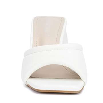 Olivia Miller Women’s Fashion Ladies Shoes, White PU Vegan Leather Trendy Party Single Open Toe Strap, Slide On 2 Inch Low Mid Triangle Block Heel Sandals