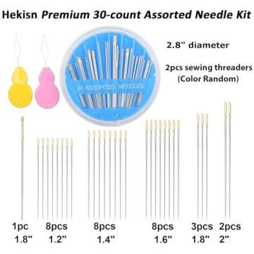Hekisn 30pcs Premium Hand Sewing Needles, 6 Sizes 30-Count Assorted Sewing Needles, Stitching Needles for Hand Sewing Repair，Sewing Sharp Needles Sewing Repair Embroidery Needles (1, Blue)
