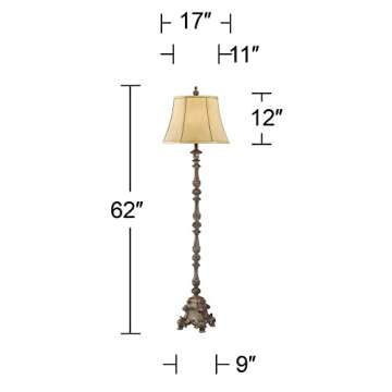 Regency Hill Rustic French Country Traditional Style Floor Lamp Standing 62" Tall Faux Wood Antique Candlestick Beige Silk Fabric Bell Shade Decor for Living Room Reading House Bedroom Home