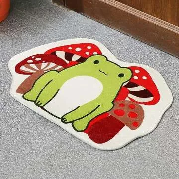 Timgle Cute Non Slip Red Mushroom and Frog Bath Rug 23.6''x16'' Absorbent Soft Washable Bath Mat Nonslip Thick Cashmere Imitation Bath Rug Machine Washable Mushroom Tufted Rug for Bathroom
