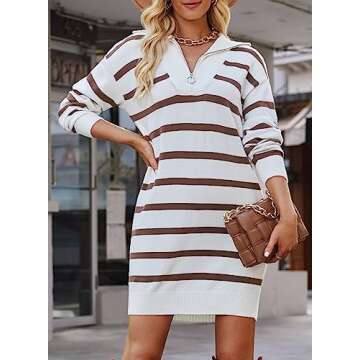 Sidefeel Women's 2024 Fall Sweater Dress Long Sleeve V Neck Striped Knit Bodycon Winter Dresses Medium Brown