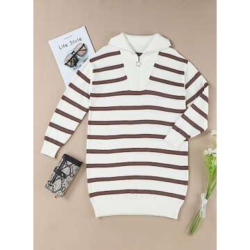 Sidefeel Women's 2024 Fall Sweater Dress Long Sleeve V Neck Striped Knit Bodycon Winter Dresses Medium Brown