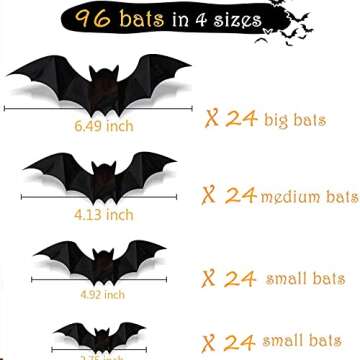 Halloween Decoration 3D Bats Stickers,96PCS 4 Sizes Extra Large Black Bats Window Stickers Decal Wall Stickers Halloween Party Decoration Party Supplies