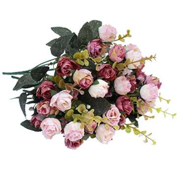 Luyue 7 Branch 21 Heads Artificial Rose Flowers Bouquet Fake Silk Mini Roses Wedding Floral Decor Bouquet, Pack of 2(Pink Coffee)