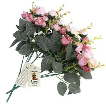 Luyue 7 Branch 21 Heads Artificial Rose Flowers Bouquet Fake Silk Mini Roses Wedding Floral Decor Bouquet, Pack of 2(Pink Coffee)