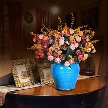 Luyue 7 Branch 21 Heads Artificial Rose Flowers Bouquet Fake Silk Mini Roses Wedding Floral Decor Bouquet, Pack of 2(Pink Coffee)