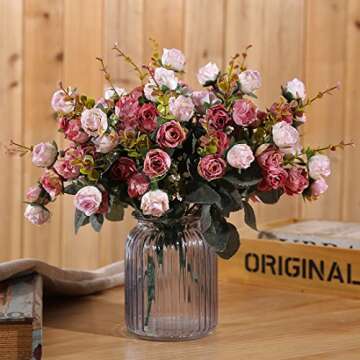 Luyue 7 Branch 21 Heads Artificial Rose Flowers Bouquet Fake Silk Mini Roses Wedding Floral Decor Bouquet, Pack of 2(Pink Coffee)