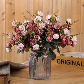 Luyue 7 Branch 21 Heads Artificial Rose Flowers Bouquet Fake Silk Mini Roses Wedding Floral Decor Bouquet, Pack of 2(Pink Coffee)