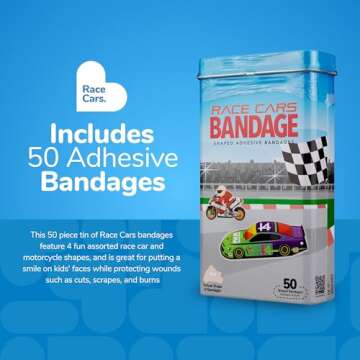 BioSwiss Bandages, Race Cars Shaped Self Adhesive Bandage, Latex Free Sterile Wound Care, Fun First ...