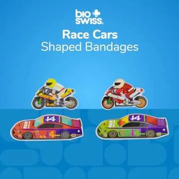 BioSwiss Bandages, Race Cars Shaped Self Adhesive Bandage, Latex Free Sterile Wound Care, Fun First Aid Kit Supplies for Kids and Adults, 50 Count