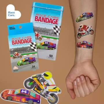 BioSwiss Bandages, Race Cars Shaped Self Adhesive Bandage, Latex Free Sterile Wound Care, Fun First Aid Kit Supplies for Kids and Adults, 50 Count