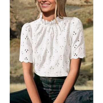 PRETTYGARDEN Summer Tops for Women 2025 Trendy Short Sleeve Eyelet Embroidered Dressy Casual Blouse ...