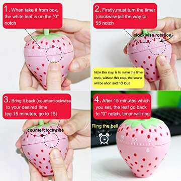 Kitchen Timer Cute Fruit Cookie Kitchen Timer | Novelty Manual Cooking Timer | Fun Shaped Mechanical Timer for Kitchen Alarm Home Desktop Decor (Strawberry) Windup