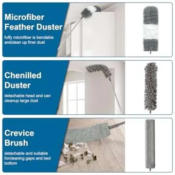 Microfiber Duster, 4PCS with Extension Pole(Stainless Steel) 30 to 100 Inches, Reusable Bendable Dusters, Washable Lightweight Dusters for Cleaning Ceiling Fan, High Ceiling, Blinds, Furniture, Cars
