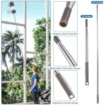 Microfiber Duster, 4PCS with Extension Pole(Stainless Steel) 30 to 100 Inches, Reusable Bendable Dusters, Washable Lightweight Dusters for Cleaning Ceiling Fan, High Ceiling, Blinds, Furniture, Cars