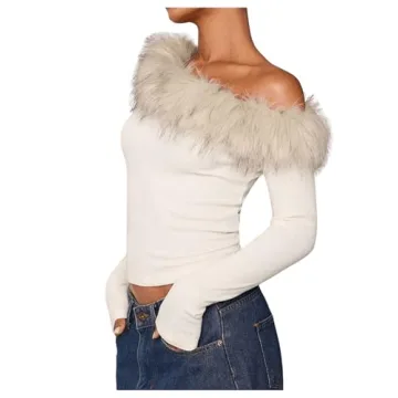 MakeMeChic Women's Fuzzy Off Shoulder Top - Stylish & Stretchy Long Sleeve Tee