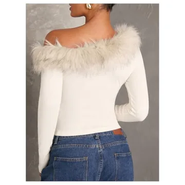 Stylish Women's Fuzzy Off Shoulder Top with Faux Fur Trim