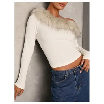 Stylish Women's Fuzzy Off Shoulder Top with Faux Fur Trim