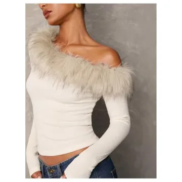Stylish Women's Fuzzy Off Shoulder Top with Faux Fur Trim