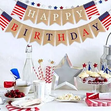 SWYOUN Burlap Happy Birthday Banner USA American Independence Day Party Supplies 4th of July Mantel ...