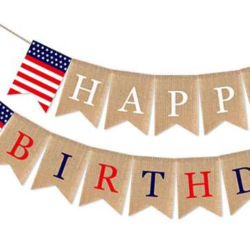 SWYOUN Burlap Happy Birthday Banner USA American Independence Day Party Supplies 4th of July Mantel Fireplace Decoration
