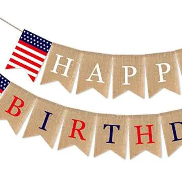 SWYOUN Burlap Happy Birthday Banner USA American Independence Day Party Supplies 4th of July Mantel Fireplace Decoration
