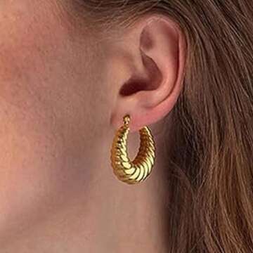 STORUP Chunky Gold Earrings for Women, Lightweight 18k Gold Filled Chunky Earrings Dainty Bold Thick Hoops Shrimp Earrings Croissant Earrings for Women Teens Trendy Fashion Gold Earrings Jewelry Gifts