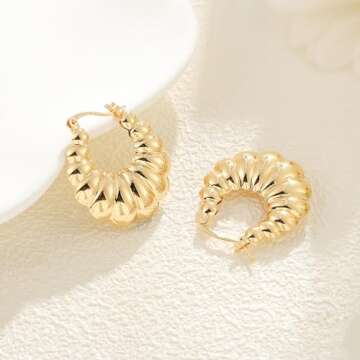STORUP Chunky Gold Earrings for Women, Lightweight 18k Gold Filled Chunky Earrings Dainty Bold Thick Hoops Shrimp Earrings Croissant Earrings for Women Teens Trendy Fashion Gold Earrings Jewelry Gifts