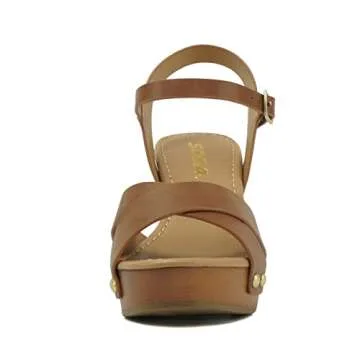 Soda MIGUEL ~ Women Crisscross Band Fashion Chunky Platform Block Mid Heel Sandal with Ankle Strap and Stud (10, TAN PU, numeric_10)