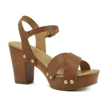 Soda MIGUEL ~ Women Crisscross Band Fashion Chunky Platform Block Mid Heel Sandal with Ankle Strap and Stud (10, TAN PU, numeric_10)