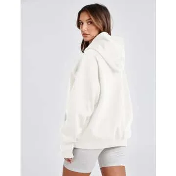 Lauweion Women Solid Basic Fleece Letter Loose Hoodie Sweatshirt Long Sleeve Kangaroo Pocket Drop Shoulder Pullovers Top White