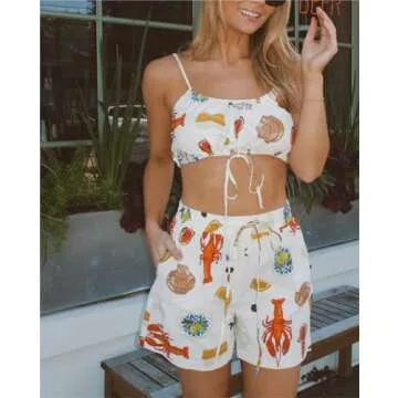 SOOKABEILA Women Tie Front Set Y2k Sleeveless Lobster Print Cami Tops High Waist Short 2024 Summer Pajama Set Outfits (White, S)