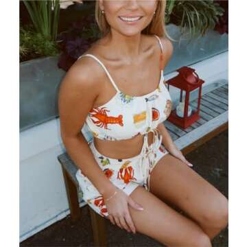 SOOKABEILA Women Tie Front Set Y2k Sleeveless Lobster Print Cami Tops High Waist Short 2024 Summer Pajama Set Outfits (White, S)