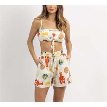 SOOKABEILA Women Tie Front Set Y2k Sleeveless Lobster Print Cami Tops High Waist Short 2024 Summer Pajama Set Outfits (White, S)