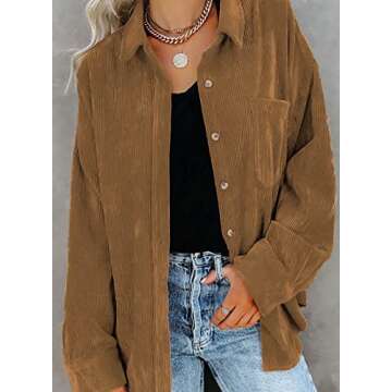 Sidefeel Women Corduroy Long Sleeve Button Down Shirt Oversized Jacket Tops Medium Brown