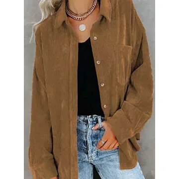 Sidefeel Women Corduroy Long Sleeve Button Down Shirt Oversized Jacket Tops Medium Brown