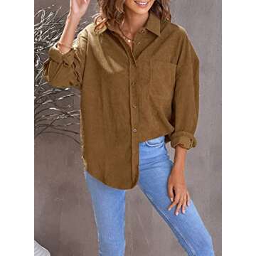 Sidefeel Women Corduroy Long Sleeve Button Down Shirt Oversized Jacket Tops Medium Brown