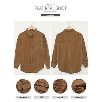Sidefeel Women Corduroy Long Sleeve Button Down Shirt Oversized Jacket Tops Medium Brown